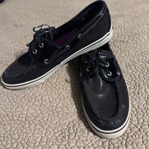 SPERRY TOP SIDER Black SEQUIN Flat Loafer Shoe Women’s Sz 9.5 Boat shoe​